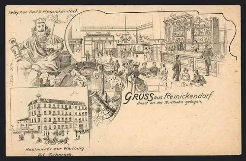 Lithographie Berlin-Reinickendorf, Restaurant zur Wartburg v. Ad. Schorsch mit Innenansicht