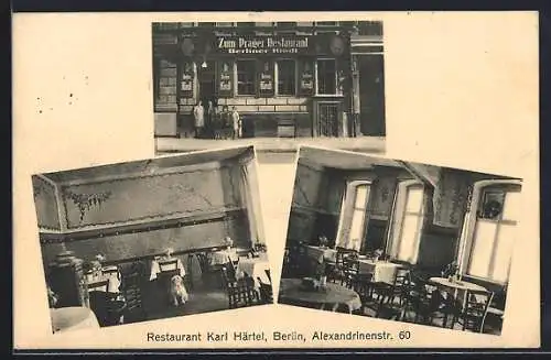 AK Berlin-Kreuzberg, Restaurant Zum Prager v. Karl Härtel mit Innenansichten, Alexandrinenstrasse 60