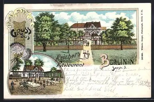 Lithographie Berlin-Charlottenburg, Reichel`s Restaurant mit Gartenwirtschaft in der Seestrasse 3