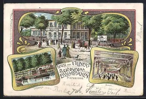 Lithographie Berlin, Restaurant zum Eisschlösschen v. G. Tillner am Plötzensee mit Saal, Schleuse