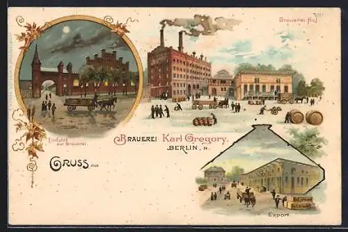 Lithographie Berlin-Gesundbrunnen, Brauerei Karl Gregory in der Hochstrasse, Einfahrt, Hof und Export