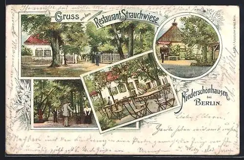 Lithographie Berlin-Niederschönhausen, Restaurant Strauchwiese mit Gartenansichten