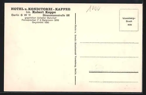 AK Berlin, Hotel und Konditorei-Café v. Robert Koppe, Stresemannstrasse 86