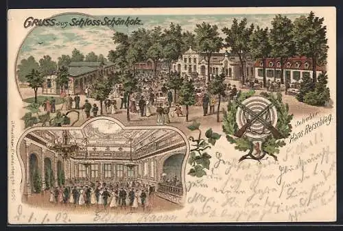 Lithographie Berlin-Pankow, Gasthaus Schloss Schönholz, Inh. Hans Retschlag, Aussen- und Innenansicht, Zielscheibe