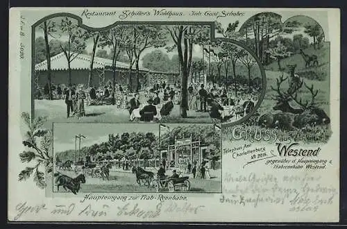 Mondschein-Lithographie Berlin-Westend, Restaurant Schiller`s Waldhaus v. Gust. Schober, Haupteingang zur Trab-Rennbahn