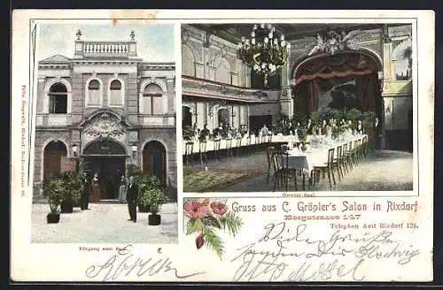 AK Rixdorf, Bergstrasse 147, Gasthaus C. Gröplers Salon, Eingang zum Saal, Grosser Saal