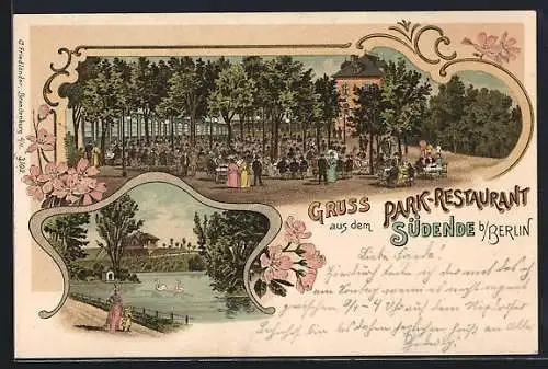 Lithographie Berlin-Steglitz, Park-Restaurant Südende, Gartenansicht, am Schwanenteich