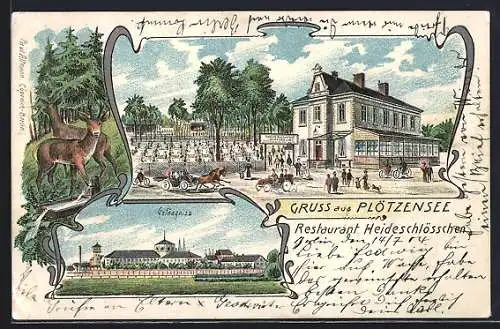 Lithographie Berlin-Plötzensee, Restaurant Heideschlösschen mit Gartenwirtschaft, Gefängnis