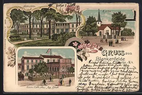 Lithographie Blankenfelde b. Berlin, Gast- und Cafe-Haus August Staab, Heimstätte, Kirche