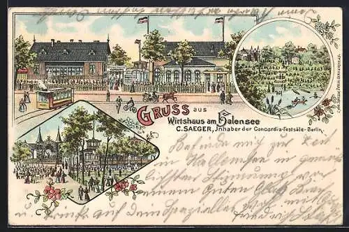 Lithographie Berlin, Gasthof Wirtshaus am Halensee v. C. Saeger, Strassenbahn davor