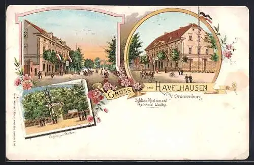 Lithographie Havelhausen, Schloss-Restaurant Reinhold Liedke, Eingang zum Garten