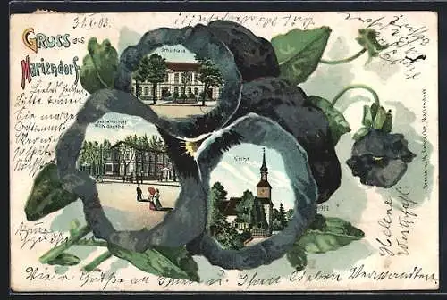 Lithographie Berlin-Mariendorf, Gastwirtschaft Wilh. Grothe, Schulhaus, Kirche in Blumen