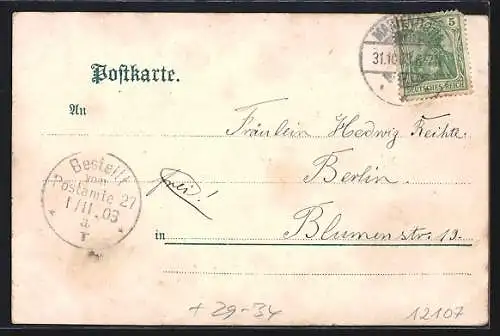 Lithographie Berlin-Mariendorf, Gastwirtschaft Wilh. Grothe, Schulhaus, Kirche in Blumen