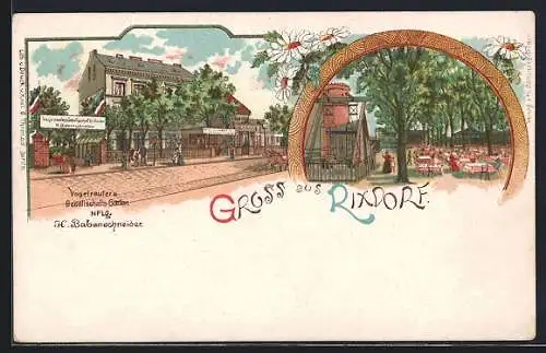 Lithographie Rixdorf, Vogelreuter`s Restaurant mit Gesellschafts-Garten, Inh. H. Babenschneider