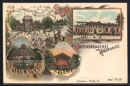 Lithographie Berlin-Kreuzberg, Gasthaus Unionsbrauerei Hasenhaide, Musikpavillon