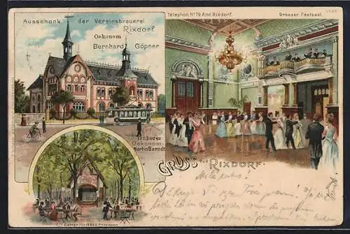 Lithographie Berlin-Rixdorf, Gasthaus Ausschank der Vereinsbrauerei Rixdorf von M. Berndt