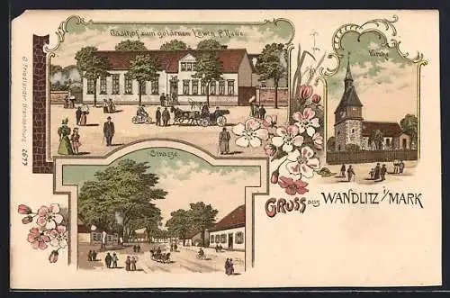 Lithographie Wandlitz i. Mark, Gasthof zum goldenen Löwen, Kirche, Strasse