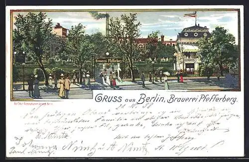 Lithographie Berlin-Prenzlauer Berg, Brauerei Pfefferberg, Passanten, Fahne