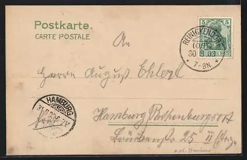 Lithographie Berlin-Reinickendorf, Gesellschaftsgarten v. Reinhold Kuhrmann, Strassenbahn