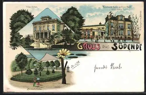 Lithographie Berlin-Südende, Restaurant zum grünen Hain v. Ernst Konrad, Villa Götze, Bismarck-Eiche