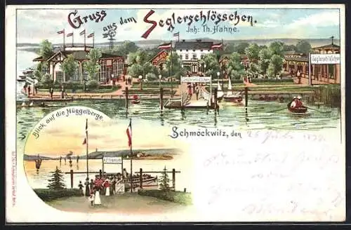 Lithographie Berlin-Schmöckwitz, Seglerschlösschen, Inh. Th. Hahne, Müggelberge, Dampfer-Anlegestelle mit Reichsfahne