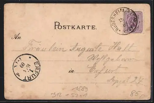 Vorläufer-Lithographie Bingen / Rhein, 1889, Blick auf Ort und Nahe-Mündung, Niederwald-Nationaldenkmal, Engelchen