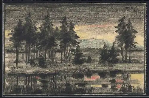Künstler-AK Handgemalt sign. Carl O. Arends: Fichtengruppe am abendlichen See