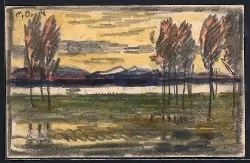 Künstler-AK Handgemalt: sign. Carl O. Arends: Bäume am Seeufer, Abendstimmung