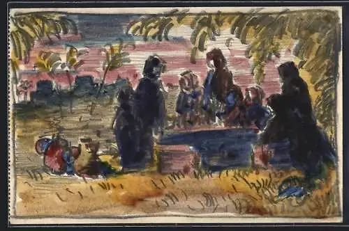 Künstler-AK Handgemalt sign. Carl O. Arends: Menschengruppe in Kutten gekleidet um einen Tisch versammelt