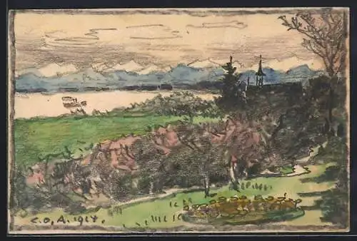 Künstler-AK Handgemalt sign. Carl O. Arends: Kapelle zwischen Bäumen halb verborgen, Blick auf See und Gebirge