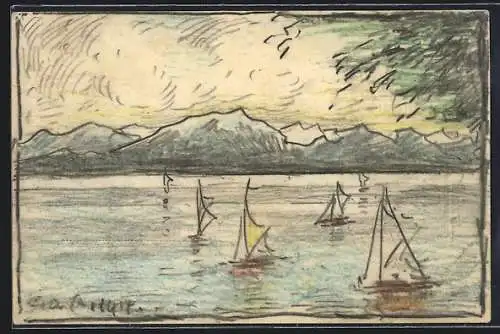 Künstler-AK Handgemalt sign. Carl O. Arends: Segelboote auf einem See, in der Ferne die Berge