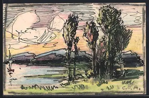 Künstler-AK Handgemalt sign. Carl O. Arends: Bäume am Seeufer, das Gebirge im Abendlicht