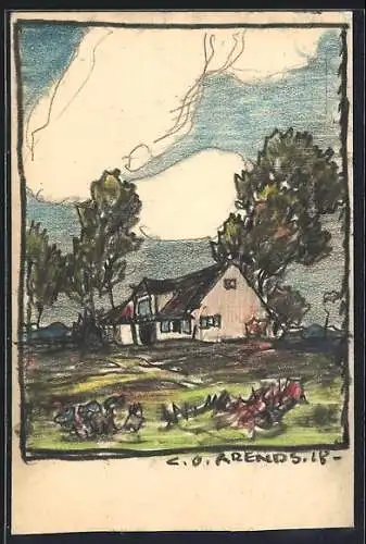 Künstler-AK Handgemalt: sign. Carl O. Arends: Haus unter bewölktem Frühlingshimmel