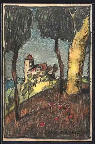 Künstler-AK Handgemalt sign. Carl O. Arends: Kirche auf einer Anhöhe aus einem Wäldchen betrachtet
