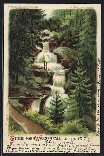 Lithographie Triberger Wasserfall, mit leuchtendem Mond bei Halt gegen das Licht