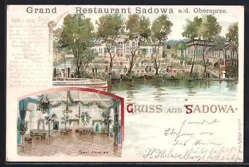 Lithographie Berlin-Köpenick, Grand Restaurant Sadowa an der Wuhlheide 256, Inh. Hans Pflug