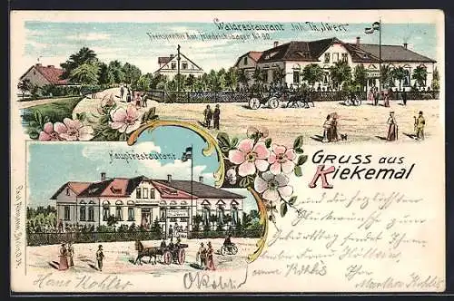 Lithographie Friedrichshagen, Wald-Restaurant Kiekemal von Th. Wert mit Besuchern