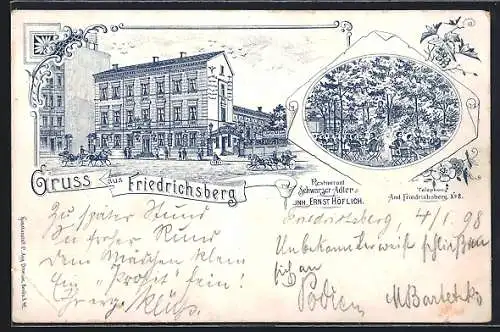 Lithographie Berlin-Lichtenberg, Restaurant Schwarzer Adler, Frankfurter Chaussee 120, Ecke Gürtelstr., Ernst Höflich