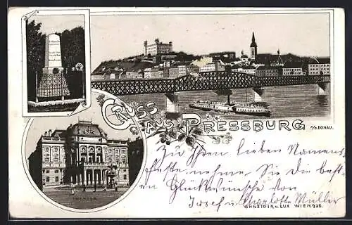 Lithographie Pressburg a. d. Donau, Theater, Kriegerdenkmal, Ortsansicht mit Eisenbahnbrücke