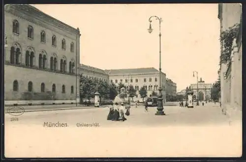 AK München, Universität mit Strassenbahn