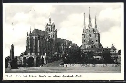 AK Erfurt, Dom und Severi-Kirche mit altem Kriegerdenkmal