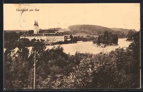 AK Vornbach am Inn, Ortsansicht mit Inn aus der Vogelschau