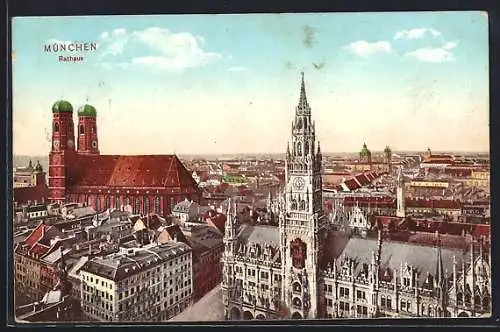 AK München, Teilansicht mit Rathaus aus der Vogelschau