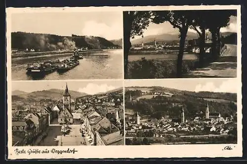 AK Deggendorf, Gesamtansicht, das Rathaus, Strassenpartie