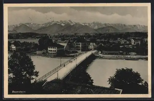 AK Rosenheim, Brücke mit Ortsansicht und Alpenpanorama aus der Vogelschau