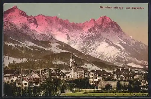 AK Garmisch, Ortsansicht mit Alp- u. Zugspitze