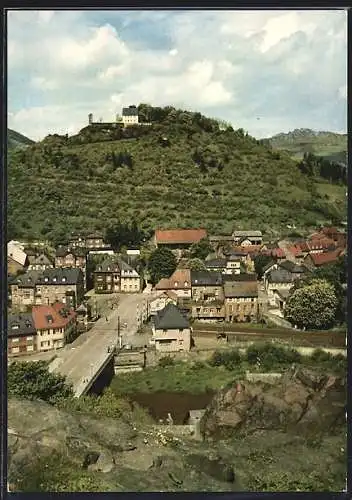 AK Kirn an der Nahe, Blick zur Kyrburg mit Strassenpartie