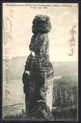 AK Pfaffenstein /Sächs. Schweiz, Besteigung der Barbarine 1906, Bergsteigen