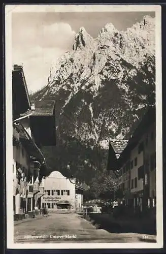 AK Mittenwald, Unterer Markt mit Bücherstube Leitzbibliothek