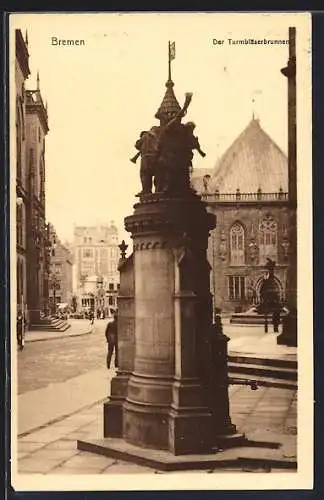 AK Bremen, Turmbläserbrunnen mit Strassenpartie